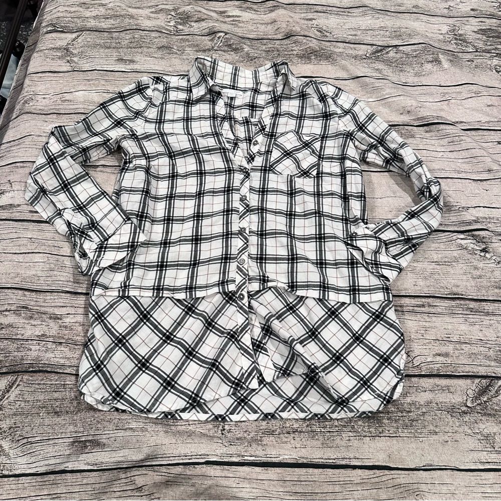 J. Jill Black and White Plaid Flannel Button Down Tunic Size Small Petite
